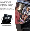 A woman is placing a child into a car seat inside a car. The car seat is shown in a separate graphic with a 360-degree rotation indicator. Produktbild-Vorschau