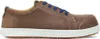 A side view of a brown Birkenstock shoe with blue laces against a white background. Produktbild-Vorschau