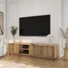A modern living room with a TV mounted on the wall above a wooden media console. Produktbild-Vorschau