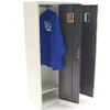 A blue lab coat hanging inside an open locker. Produktbild-Vorschau
