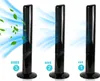 Three black tower fans are shown side-by-side, each with stylized blue air currents emanating from them. The leftmost fan has green leaves scattered within its air current, suggesting it's the most powerful setting. Each fan has a small indicator below it  Anteprima dell’immagine prodotto