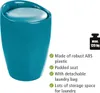 A teal laundry hamper with a padded seat and text describing its features. Náhľad obrázku produktu