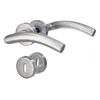 A pair of brushed stainless steel door handles and a keyhole escutcheon on a white background. Produktbild-Vorschau