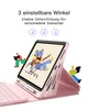 An iPad case with a keyboard is shown in use, with animated figures interacting with it. The case is pink and has a keyboard attached. The iPad screen displays a colorful illustration. The text indicates adjustable angles and stable support for various sce Produktbild-Vorschau