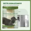A cat is lying on a green platform of a cat tree, with text overlays describing the product's features. Produktbild-Vorschau