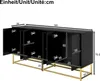 A diagram showing the dimensions of a black sideboard with gold legs. Voir les images du produit
