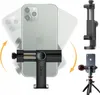 A smartphone holder for a tripod, shown with a smartphone attached and demonstrating its rotation. Produktbild-Vorschau