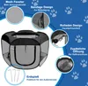 A pop-up pet playpen with various features highlighted by text and close-up images. Produktbild-Vorschau