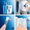 A collage of four images demonstrating the use of an Oral-B OxyJet irrigator. Voir les images du produit