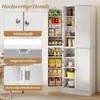 A white kitchen cabinet with various food items and kitchenware displayed on its shelves. Close-up insets highlight the cabinet's hardware. Produktbild-Vorschau