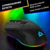 A black gaming mouse with RGB lighting is displayed on a dark surface, with a colorful, abstract background. Produktbild-Vorschau
