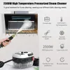 A steam cleaner is shown in action, cleaning a greasy surface, with its features listed on the right side. Náhled obrázku produktu