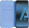 A light blue flip case for a smartphone is shown open, revealing the phone's screen. Produktbild-Vorschau