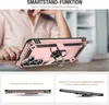 A person's hands are visible in the background, holding a rosegold phone case with a ring stand. The image is divided into sections showing different features of the case. Produktbild-Vorschau
