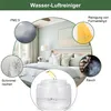 A bedroom scene with various circles illustrating air quality issues and solutions. Produktbild-Vorschau