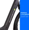Close-up of an e-bike frame with integrated battery and text overlay describing its features. Produktbild-Vorschau