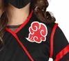 Close-up of a child wearing a black ninja costume with red trim and a red cloud emblem on the shoulder. Produktbild-Vorschau