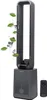 A tall, gray tower fan with a remote control and a visual representation of cool air, leaves, and ice cubes. Produktbild-Vorschau