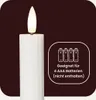 A close-up of a white LED candle with a flame, next to a graphic indicating battery requirements. Podgląd zdjęcia produktu