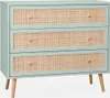 A light green dresser with three rattan-fronted drawers and wooden legs, set against a plain white background. Anteprima dell’immagine prodotto