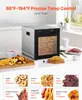 A VEVOR food dehydrator is shown on a kitchen counter, with various dried foods displayed around it, along with informational text about temperature and timer settings, and examples of food dehydration. Podgląd zdjęcia produktu
