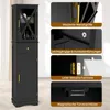 A black bathroom cabinet with gold accents, shown with close-up views of its features. Náhled obrázku produktu