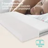 A woman sleeping peacefully on a mattress with a cutaway view of the mattress layers and text overlays describing its features. Produktbild-Vorschau
