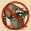 A drawing of a raccoon rummaging through a trash can, with a red prohibition sign over it. Produktbild-Vorschau