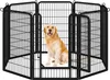 A golden retriever dog sits inside a black metal playpen. Produktbild-Vorschau