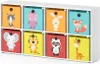 A white storage unit with eight colorful fabric bins, each featuring a cartoon animal illustration. Produktbild-Vorschau