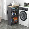 A narrow shelving unit filled with cleaning supplies is placed next to a washing machine in a laundry room. Produktbild-Vorschau