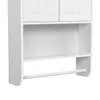 A white bathroom wall cabinet with a towel bar and an open shelf. Produktbild-Vorschau