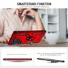 A person is holding a red phone case with a ring stand. The image is split into three sections, with the top section showing the product in use and the bottom sections providing feature descriptions. Produktbild-Vorschau