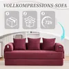 A burgundy corduroy sofa is shown in a living room setting, with instructional graphics above it. Produktbild-Vorschau