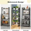 A collage of three different shelf units, showcasing their multi-purpose design. The left unit is styled as a kitchen storage shelf, the middle as a plant stand, and the right as a bookshelf. Podgląd zdjęcia produktu