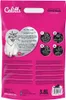 The back of a pink bag of Calitti Crystals cat litter, showing a cat illustration and usage instructions. Náhľad obrázku produktu