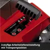 A close-up view of a red lawnmower's height adjustment lever and markings. Produktbild-Vorschau