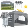 A collage of images showing a gray pop-up canopy tent in various states: set up in a natural setting, folded, and a close-up of the assembled tent with windows. Náhľad obrázku produktu
