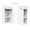 Two identical white sideboards are shown side-by-side against a white background. The sideboard on the left has its drawer and door open, revealing shelves inside. The sideboard on the right has its drawer slightly open and its door closed. A curved arrow  Podgląd zdjęcia produktu