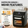 A black air fryer is shown in a kitchen setting, with a graphic overlay detailing its features. Produktbild-Vorschau