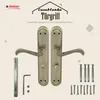 A product image showcasing a pair of bronze-colored door handles and associated hardware against a light beige background. Produktbild-Vorschau