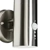 A close-up view of a stainless steel outdoor light fixture with a motion sensor. Produktbild-Vorschau