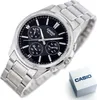 A silver Casio watch with a black dial is displayed on a white background, with its original packaging box nearby. Produktbild-Vorschau