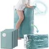 A person is demonstrating the use of a vacuum storage bag by sitting on it, with other bags shown in different states. Náhled obrázku produktu