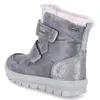 A single grey winter boot with pink fur lining is shown from the side and back. Voir les images du produit