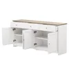 A white sideboard with a light wood top, shown with three drawers and four doors open. Anteprima dell’immagine prodotto