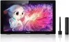 A digital drawing tablet and its accessories are displayed on a reflective white surface. Produktbild-Vorschau