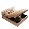 A beige upholstered bed with its storage compartment open, revealing pillows and bedding. Náhľad obrázku produktu