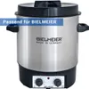 A stainless steel electric cooker with a black lid and base, set against a white background. A blue overlay with text is present on the upper left side. Produktbild-Vorschau
