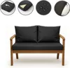 A wooden garden bench with black cushions, shown against a white background. Four circular insets at the top display details of the cushion. Produktbild-Vorschau